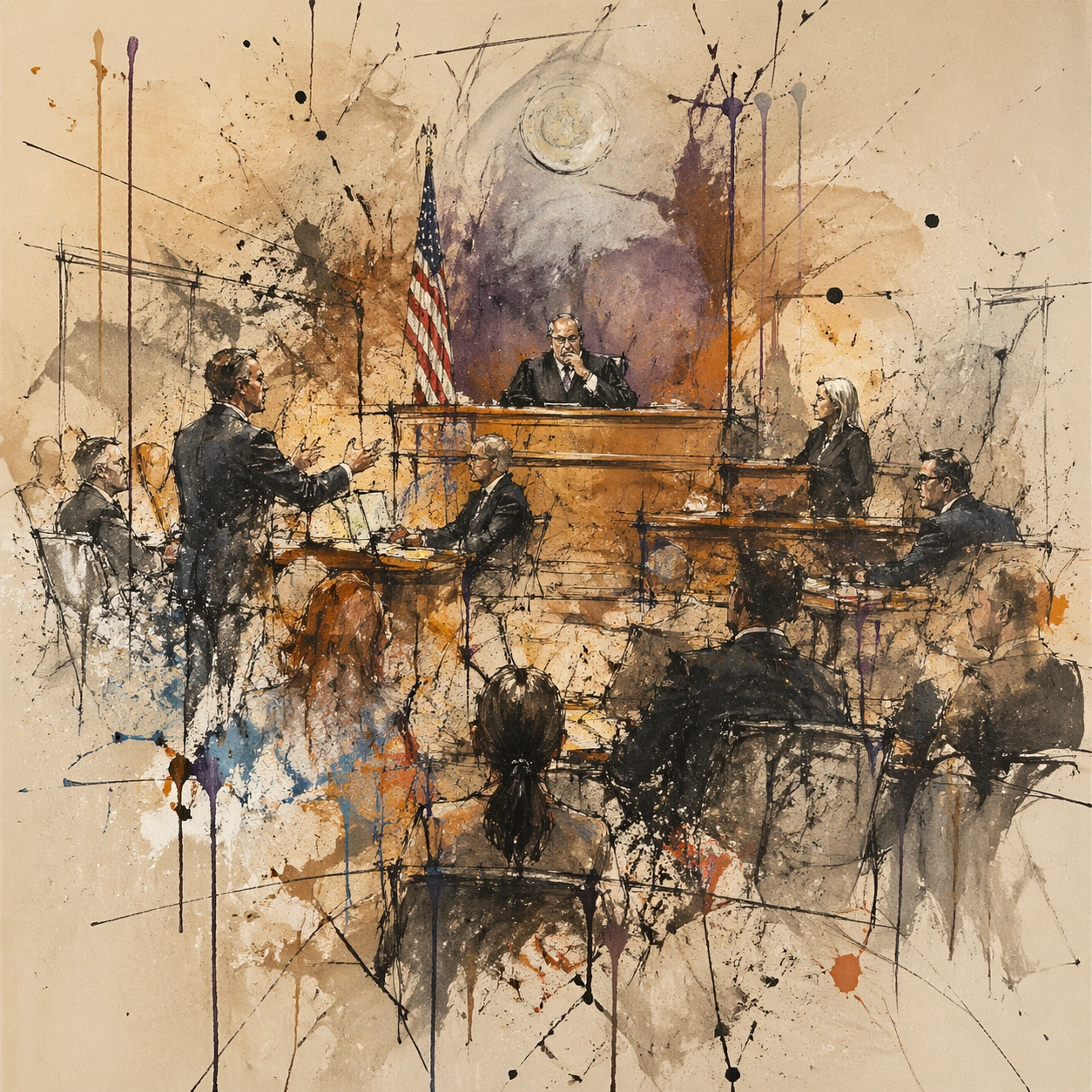Expressive Fictional Courtroom Sketch — ChaosRealmsAI · MIT