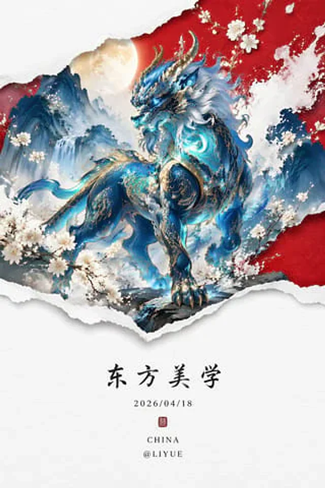 Example generated from “荧光蓝穷奇新中式山水画”
