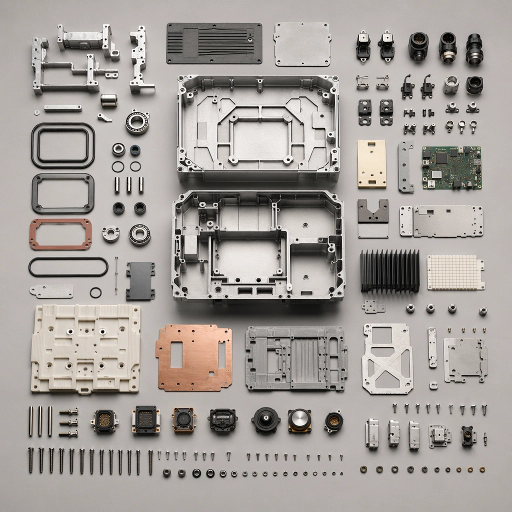Industrial Device Parts Kit Flatlay — ChaosRealmsAI · MIT