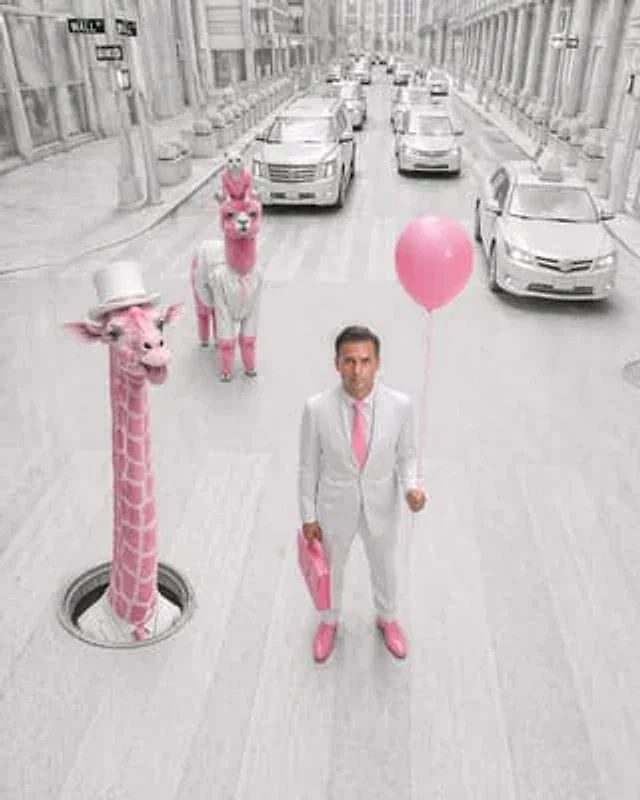 Example generated from “Pink Surreal Wall Street Fashion Scene”