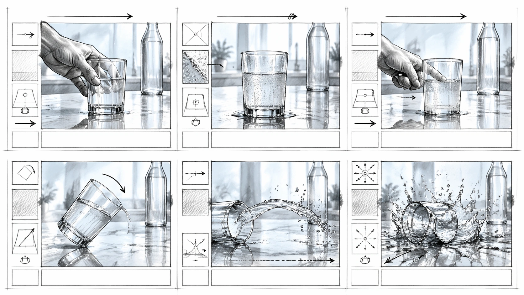 Six-Panel Beverage Spill Storyboard — ChaosRealmsAI · MIT