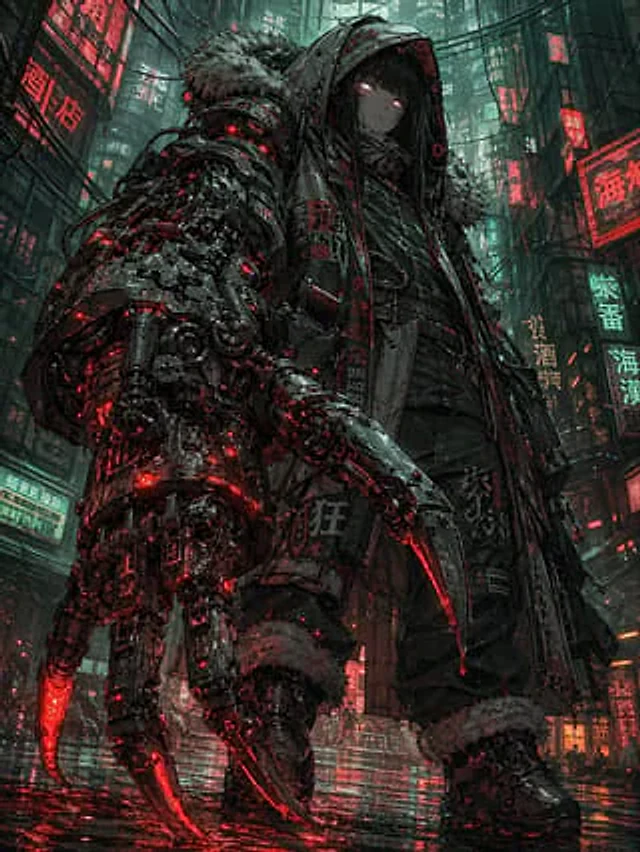 Example generated from “Cyberpunk Girl with Giant Claw Arm”