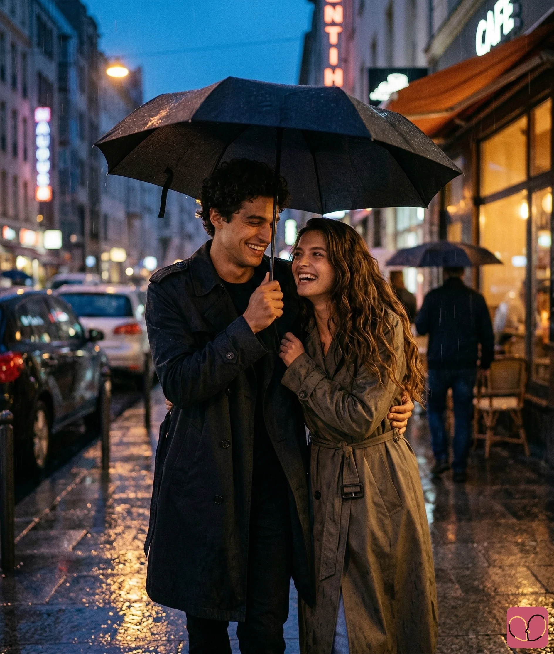 2 reference photos · Shared Umbrella in the Rain