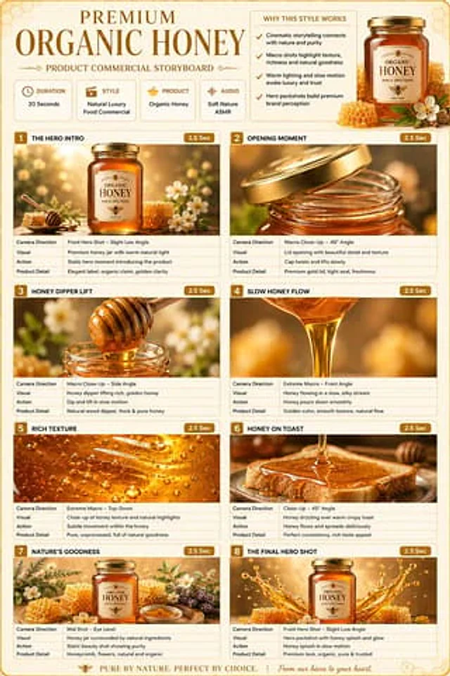 Example generated from “Comic / Storyboard - Premium Organic Honey Commercial Storyboard”