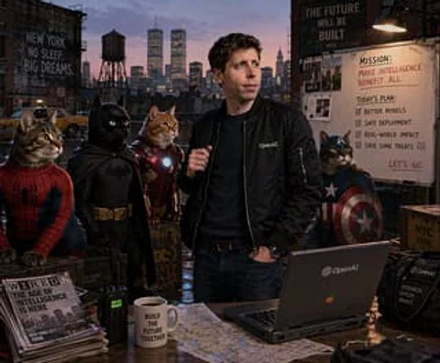 Example generated from “Retro Tech CEO with Superhero Cats”