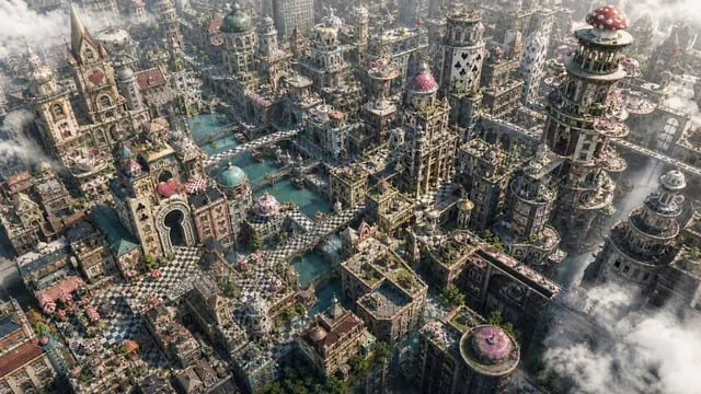Example generated from “Fantasy Whimsical Downtown Aerial View”