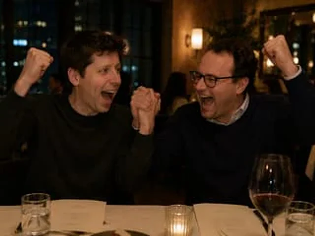 Example generated from “Two Men Celebrating at a Restaurant”