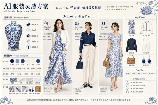 Example generated from “Blue Porcelain Fashion Inspiration Board”