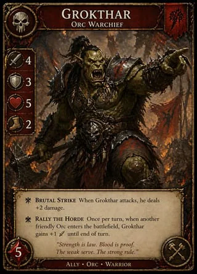 Example generated from “Dark Fantasy Orc Warchief TCG Card”