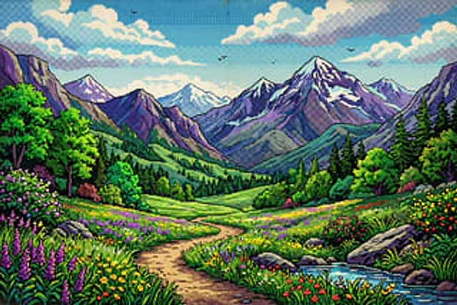 Example generated from “Retro Pixel Mountain Valley”