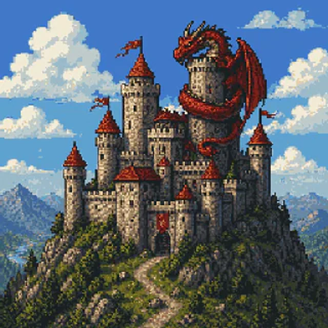Example generated from “Pixel Art Dragon Castle”