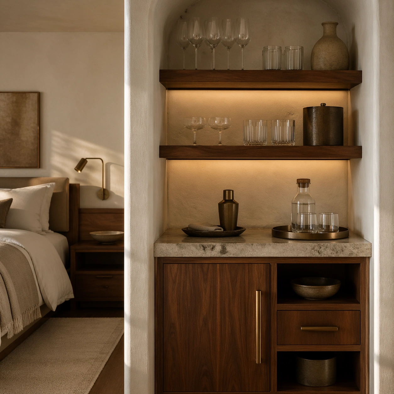 Walnut Boutique Hotel Minibar Alcove — ChaosRealmsAI · MIT
